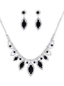 Marquise - Black Crystal - Silver Tone - Necklace And Earrings Set