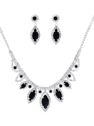 Marquise - Black Crystal - Silver Tone - Necklace And Earrings Set