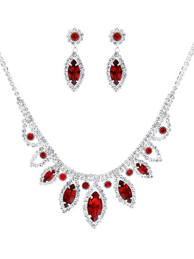 Marquise - Red Crystal - Silver Tone - Necklace And Earrings Set