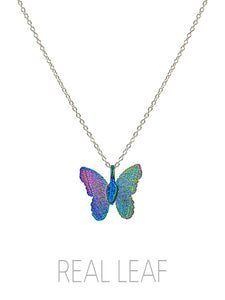 Filigree Butterfly - Multi Color - Real Leaf - Silver Tone - Necklace