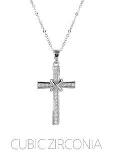 Cross - White Cubic Zirconia - Silver Rhodium Plated - Necklace