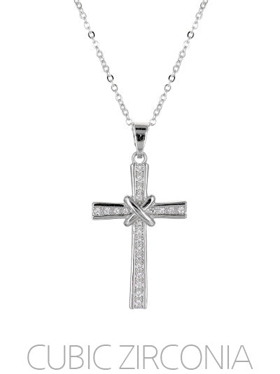 Cross - White Cubic Zirconia - Silver Rhodium Plated - Necklace