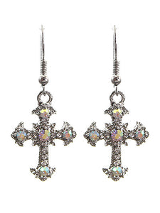 Cross - Iridescent AB Crystal - Silver Tone - Fish Hook Earrings