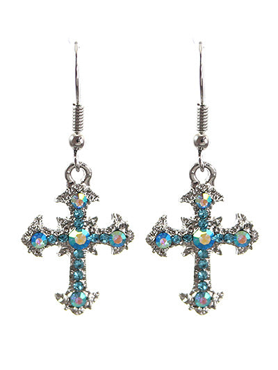 Cross - Blue - Iridescent AB Crystal - Silver Tone - Fish Hook Earrings