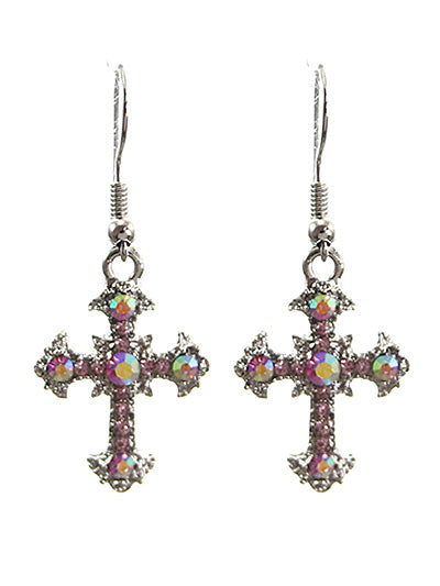 Cross - Pink - Iridescent AB Crystal - Silver Tone - Fish Hook Earrings