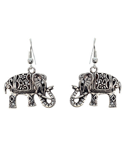 Elephant - Silver Tone - Fish Hook Earrings