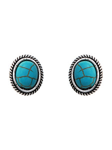 Oval - Blue Turquoise - Silver Tone - Post Back Stud Earrings