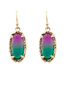 Pink And Green Gradient - Oval - Gold Tone - Earrings
