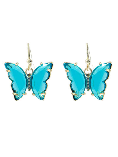 Glass Butterfly - Blue - Gold Tone - Fish Hook Earrings