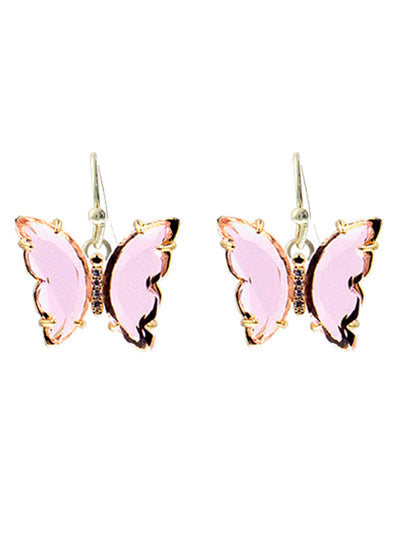 Glass Butterfly - Pink - Gold Tone - Fish Hook Earrings