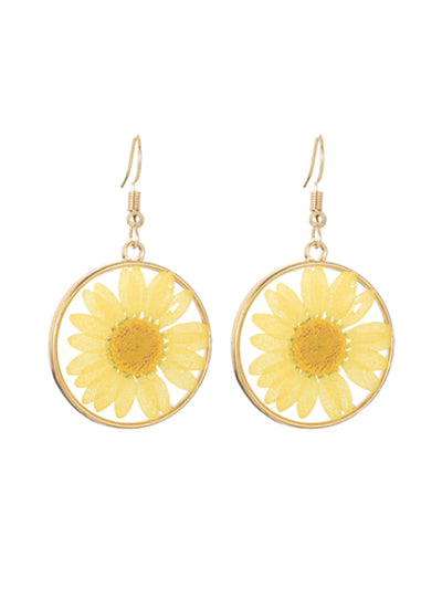 Pressed Daisy Flower - Yellow - Gold Tone - Fish Hook Earrings