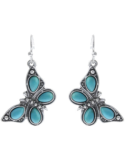 Butterfly - Turquoise Blue - Silver Tone - Fish Hook Earrings