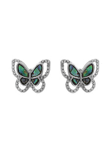 Abalone Butterfly - Rhinestone - Silver Tone - Post Stud Earrings