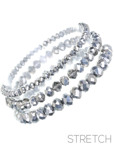 Glass Bead - Silver - Set Of Three - Stretch Bracelets