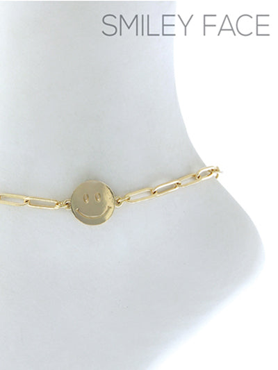Smiley Face - Gold Tone - Chain Clasp Anklet