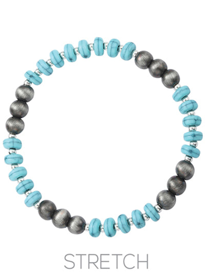 Navajo And Turquoise Bead - Natural Bead - Stretch Bracelet