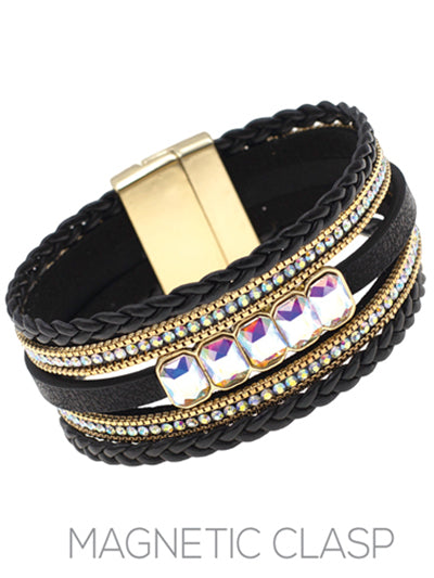 Black Leather - Iridescent AB Crystal - Gold Tone - Magnetic Bracelet