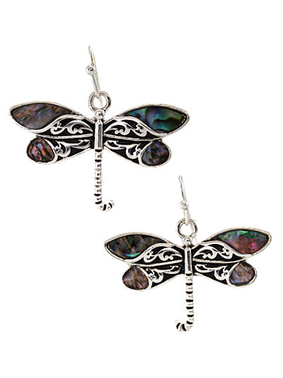 Abalone Dragonfly - Filigree - Silver Tone - Fish Hook Earrings