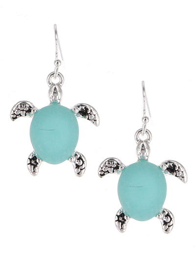 Turtle - Blue Sea Glass - Silver Tone - Earrings