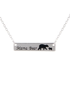 Mama Bear - Bar Style One Cub- Silver Tone - Necklace
