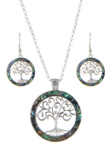 Abalone Tree Of Life - Silver Tone - Necklace and Earrings Set