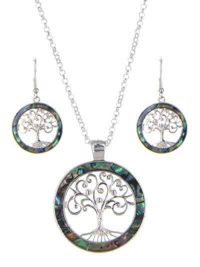 Abalone Tree Of Life - Silver Tone - Necklace and Earrings Set