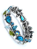 Flower - Blue - Iridescent Rhinestone - Silver Tone - Bangle Coil Bracelet
