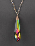 Crystal Teardrop - Iridescent Oil Spill Glass Crystal Bead - Long - Gold Tone - Necklace