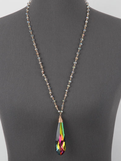 Crystal Teardrop - Iridescent Oil Spill Glass Crystal Bead - Long - Gold Tone - Necklace