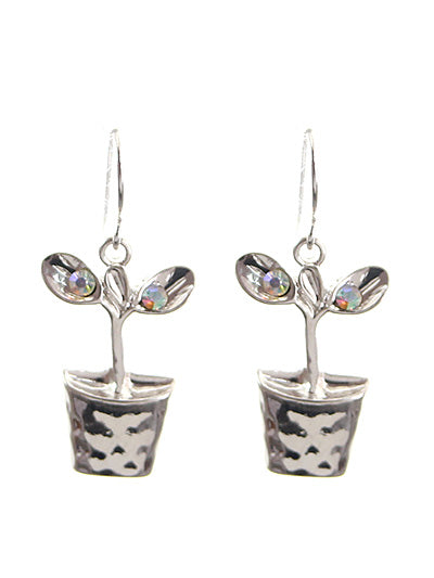 Flower Pot - Iridescent AB Crystal - Silver Tone - Fish Hook Earrings