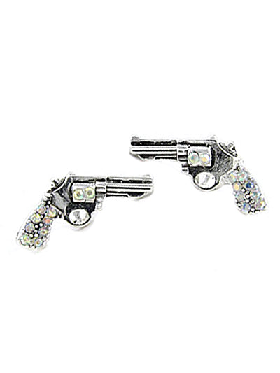 Pistol Gun - Iridescent AB Crystal - Silver Tone - Post Stud Earrings