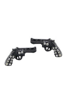 Pistol Gun - White Rhinestone - Black Gunmetal - Post Stud Earrings