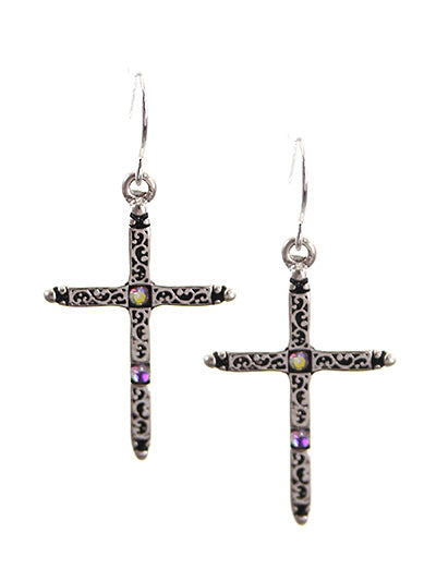 Filigree Cross - Iridescent AB Crystal - Silver Tone - Fish Hook Earrings