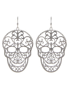 Filigree Skull - Silver Tone - Fish Hook Earrings