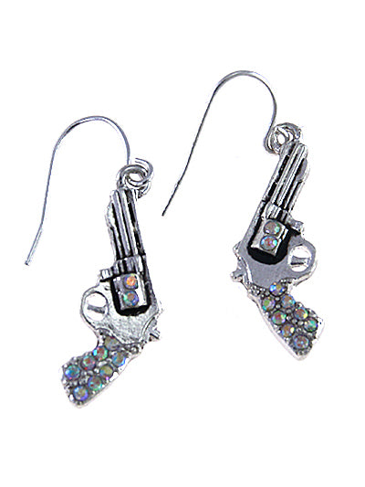 Pistol Gun - Iridescent AB Crystal - Silver Tone - Fish Hook Earrings