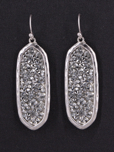 Silver Druzy Oval - Silver Tone - Fish Hook Earrings