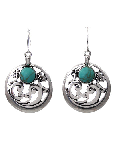 Filigree Turquoise - Silver Tone - Fish Hook Earrings