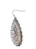 Western Style Casting Teardrop - Iridescent AB Crystal - Silver Tone - Fish Hook Earrings
