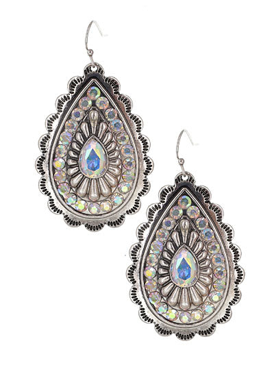 Western Style Casting Teardrop - Iridescent AB Crystal - Silver Tone - Fish Hook Earrings