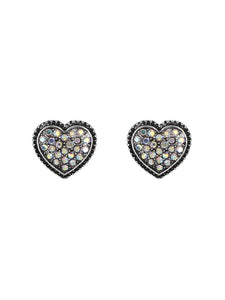 Aztec Style Heart - Iridescent AB Crystal - Silver Tone - Post Stud Earrings