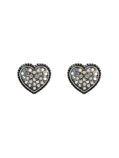 Aztec Style Heart - Iridescent AB Crystal - Silver Tone - Post Stud Earrings