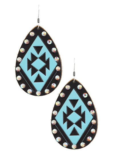 Aztec Pattern Teardrop - Iridescent AB Crystal - Black/Turquoise - Leather - Fish Hook Earrings