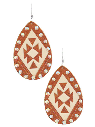 Aztec Pattern Teardrop - Iridescent AB Crystal - Brown/Tan - Leather - Fish Hook Earrings