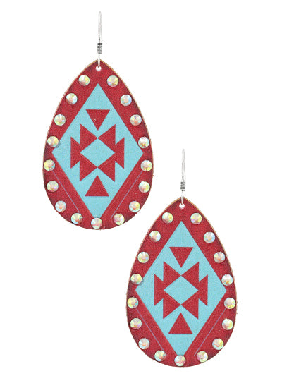 Aztec Pattern Teardrop - Iridescent AB Crystal - Red/Turquoise - Leather - Fish Hook Earrings