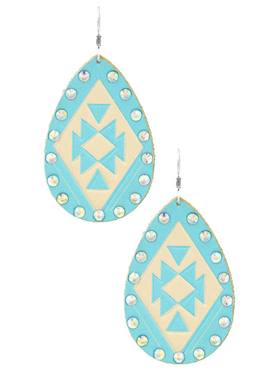 Aztec Pattern Teardrop - Iridescent AB Crystal - Turquoise/Tan - Leather - Fish Hook Earrings