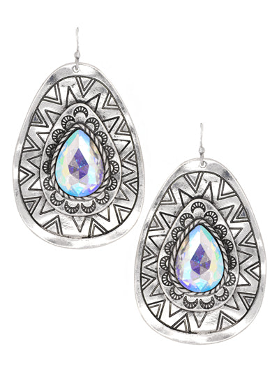 Aztec Style Teardrop - Iridescent AB Crystal - Silver Tone - Fish Hook Earrings