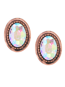 Glass Oval Crystal - Iridescent AB - Multi Colored - Copper Tone - 1.0" - Post Stud Earrings
