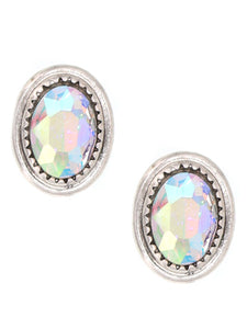 Glass Oval Crystal - Iridescent AB - Multi Colored - Silver Tone - 1.0" - Post Stud Earrings