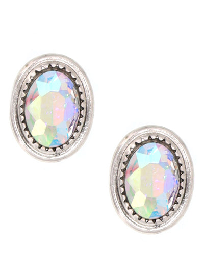 Glass Oval Crystal - Iridescent AB - Multi Colored - Silver Tone - 1.0