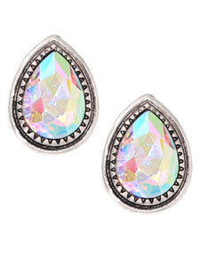 Glass Teardrop Crystal - Iridescent AB - Multi Colored - Silver Tone - 1.5" - Post Stud Earrings